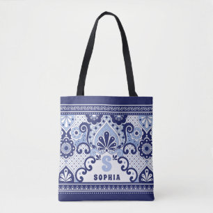 Tote Bag Carrelage Monogram Blue and White Mexican Talavera