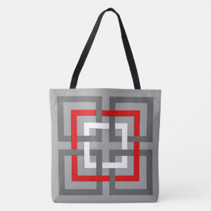 Tote Bag Carrés géométriques modernes, gris, rouge et bl