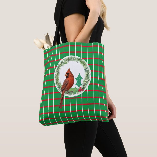 Tote Bag Carrés verts avec Red & White Lines Fourre-tout (De près)