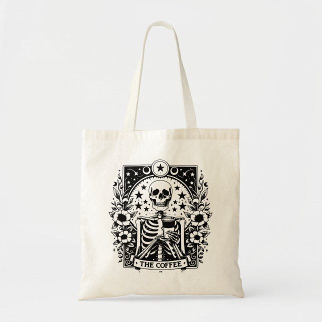 Tote Bag Carte de tarot squelette monochrome "Le café" | (Devant)