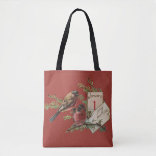 Tote Bag Carte de vacances antique d'oiseaux de Nouvel An