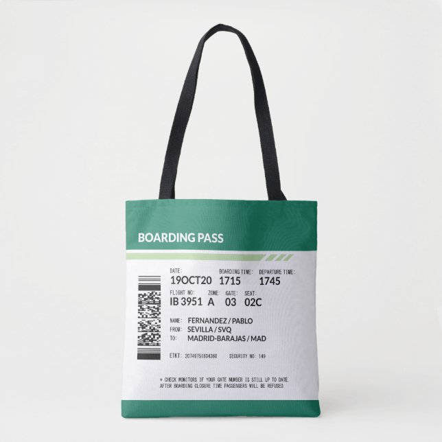 Tote Bag Carte d'embarquement - Vert (Devant)