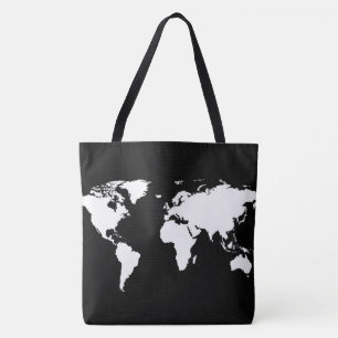 Tote Bag carte du monde blanc en noir