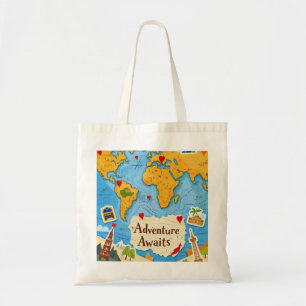 Tote Bag Carte du monde Heart Pins Aventure Attend