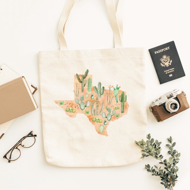 Tote Bag Carte illustrée aquarelle du cactus du Texas (In situ)