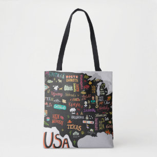 Tote Bag Carte illustrée des États-Unis. Poster avec états