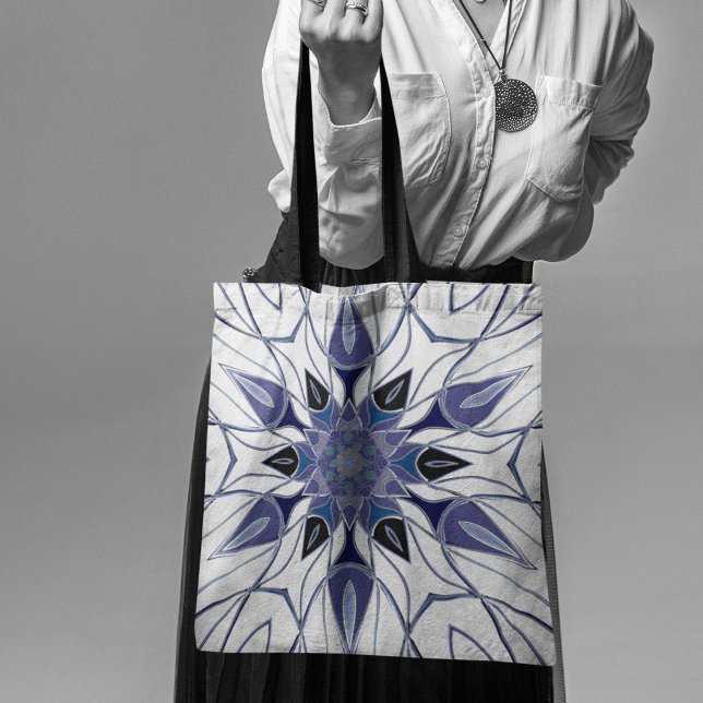 Tote Bag Carton Mandala Flower bleu violet et blanc (Créateur téléchargé)