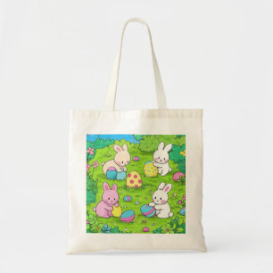 Tote Bag Cartoon lapins de Pâques et oeufs colorés
