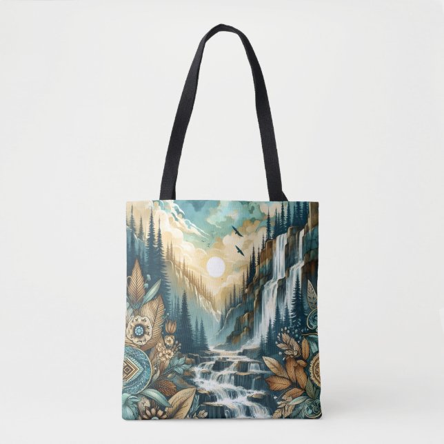 Tote Bag Cascade de Forest Mountain Boho Motif naturel (Devant)
