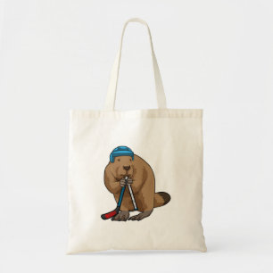 Tote Bag Castor au hockey sur glace avec bâton de hockey su