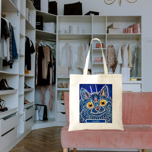 Tote Bag Cat bleu nom personnalisé artistique kaléidoscope 