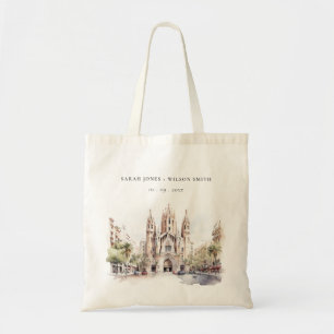 Tote Bag Cathédrale de Barcelone Espagne Mariage d'aquarell