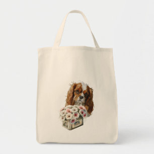 Tote Bag Cavalier le roi Charles Spaniel avec fleurs