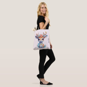 Tote Bag Cerf de Bébé mignon avec Antlers et Fleurs