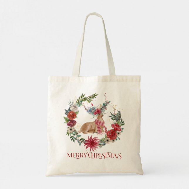 Tote Bag Cerf de Noël, typographie et couronne de fleurs (Dos)