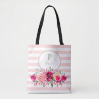 Cerise Aquarelle Florale Monogramme sur bandes ros