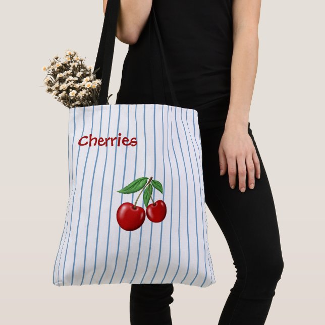 Tote Bag Cerises rouges sur bandes bleues Personnalisées (De près)