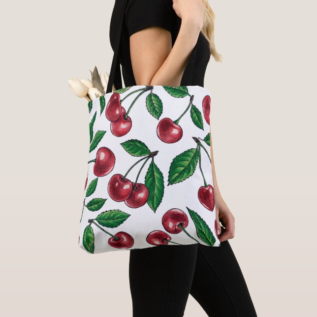 Tote Bag Cerises rouges sur blanc (De près)