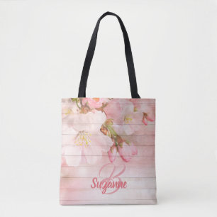 Tote Bag Cerisiers roses monogrammes en fleurs de girly pas