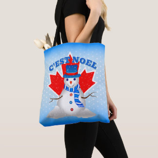 Tote Bag C'EST NOEL Canadian Maple Leaf Snowman Christmas