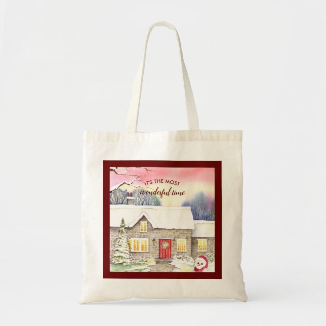 Tote Bag Chalet neigeux Aquarelle Peinture Temps de Noël (Devant)