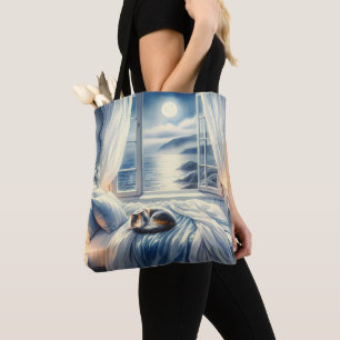 Tote Bag Chambre côtière éclairée par la lune avec un chat