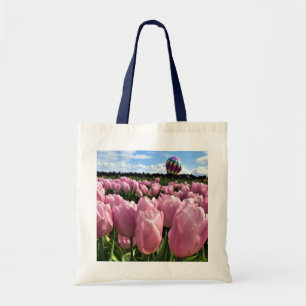 Tote Bag Champ de tulipes roses avec montgolfière, Oregon