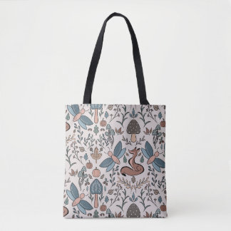 Tote Bag Champignons Fox & Dragonfly Cute Motif d'automne