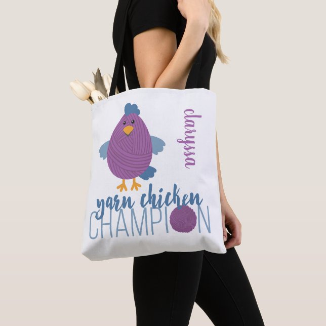 Tote Bag Champion de poule pourpre et bleu (De près)