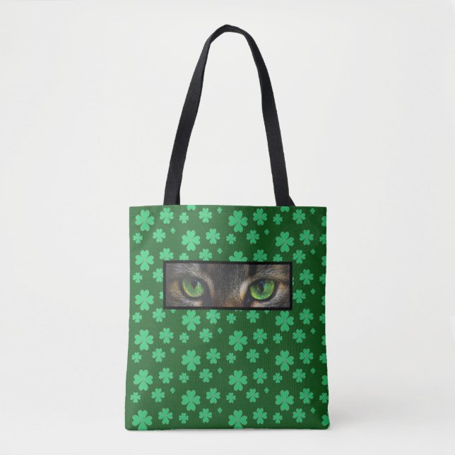 Tote Bag Chanceux Shamrocks & mignon yeux de chat sur vert  (Devant)