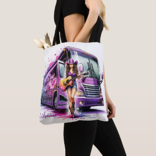 Tote Bag Chanteur Cowgirl avec Guitare et Tour Bus Custom