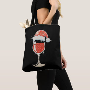 Tote Bag Chapeau de Père Noël Verre à Vin Rouge Paillettes