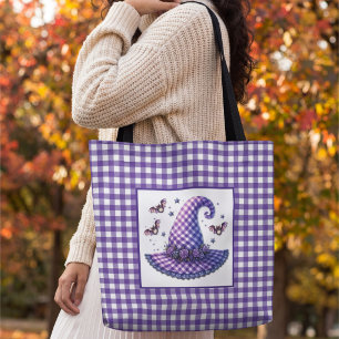 Tote Bag Chapeau de sorcière Halloween en vichy violet & ch