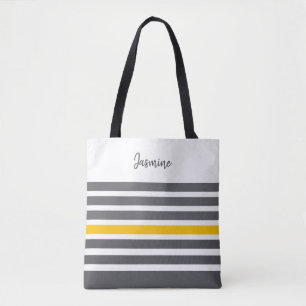 Tote Bag Charbon et jaune rayures modernes nom personnalisé