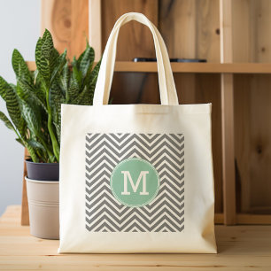 Tote Bag Charbon et menthe vert Chevrons sur mesure Monogra