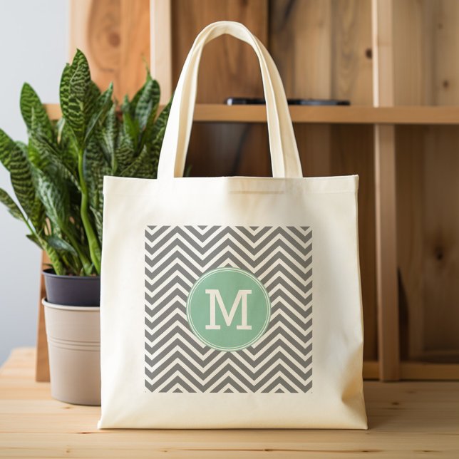 Tote Bag Charbon et menthe vert Chevrons sur mesure Monogra (Personalized tote bag with  monogram)