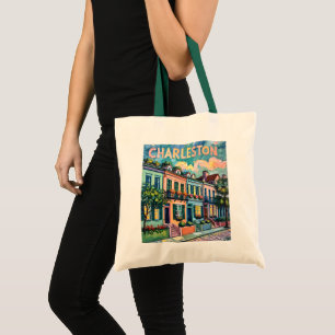 Tote Bag Charleston Rainbow Row SC Coloré Van Gogh Rétro