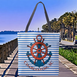 Tote Bag Charleston, SC Navire's Wheel and Ancre Striped