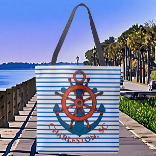 Tote Bag Charleston, SC Navire's Wheel and Ancre Striped