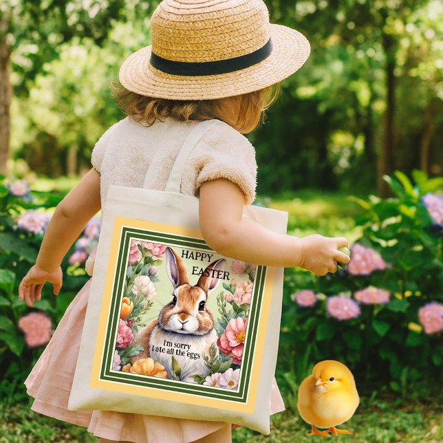 Tote Bag Chasse aux oeufs de lapin de Pâques (A funny tote bag featuring a fat bunny embraced by flowers. Beautiful for an Easter egg hunt.)