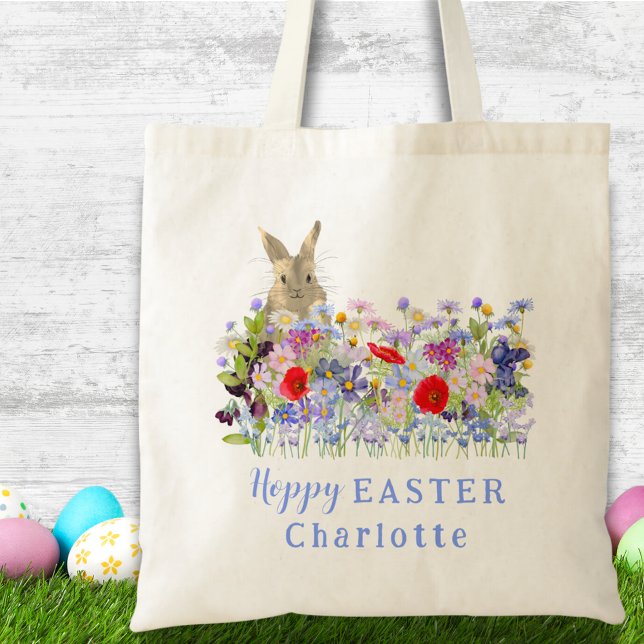 Tote Bag Chasse aux oeufs de lapin de Pâques Hoppy Custom (Easter brunch and egg hunt custom tote bag with cute Easter bunny and watercolor florals)