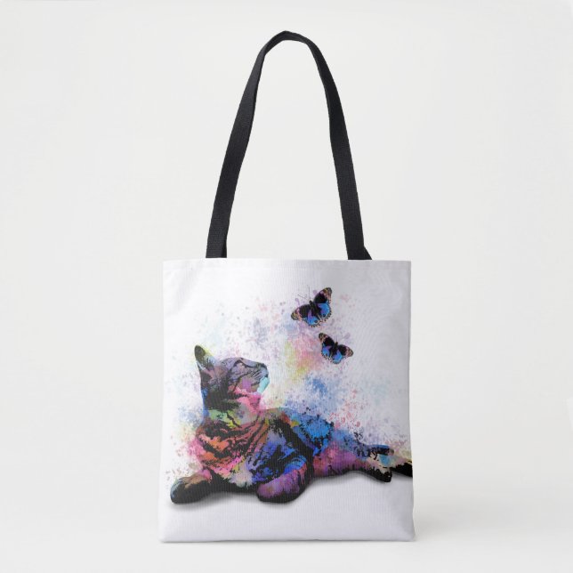 Tote Bag Chat 614 papillon bleu rose (Devant)