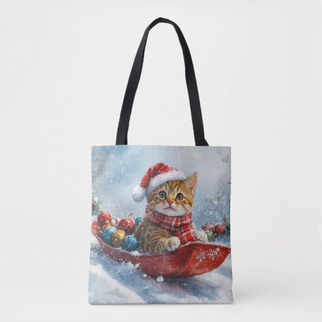 Tote Bag Chat abyssinien en sledge laissez-le neiger Noël (Devant)