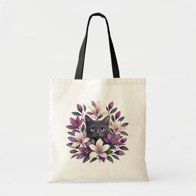 Tote Bag Chat avec des fleurs (Devant)