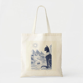 Tote Bag Chat Bastet égyptien antique et Pyramides Bleu 