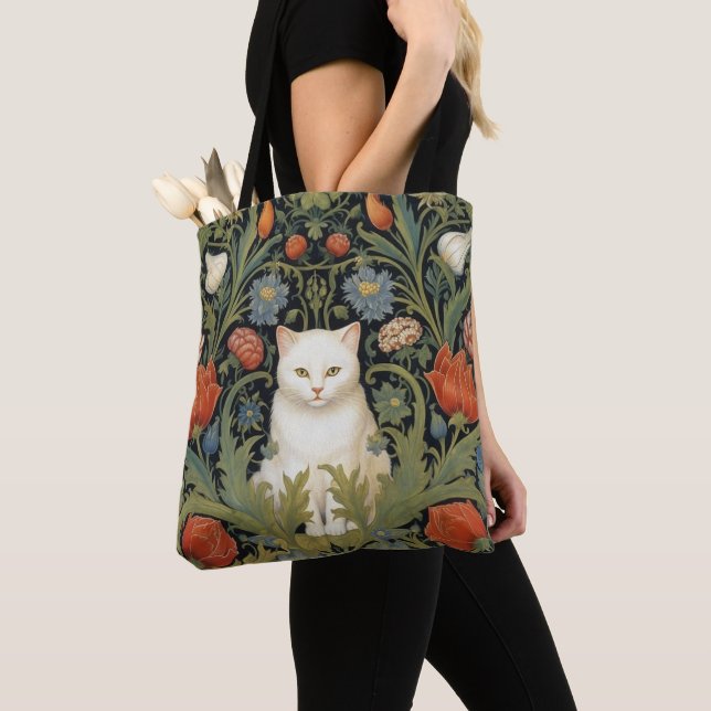 Tote Bag Chat blanc Art nouveau dans le jardin (De près)