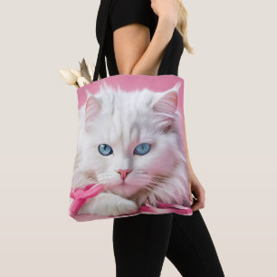 Tote Bag Chat Blanc Avec Rubans Roses