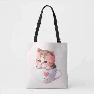 Tote Bag Chat blanc-rose mignonne dans une tasse de thé (2)