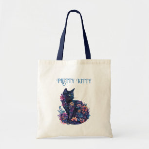 Tote Bag Chat bleu noir Fleurs Joli Minou
