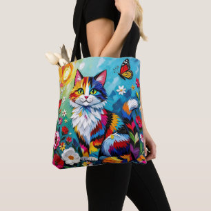 Tote Bag Chat coloré et papillon